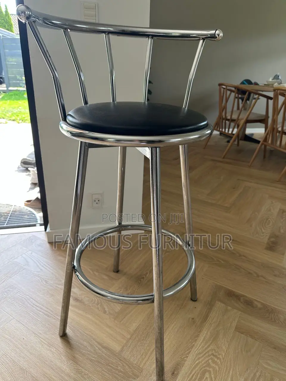 Stainless Steel Barstool Round Black Padded Leather Seat and Backrest