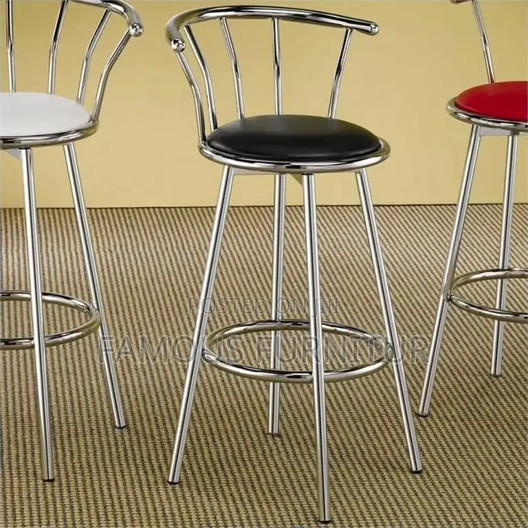 Stainless Steel Barstool Round Black Padded Leather Seat and Backrest
