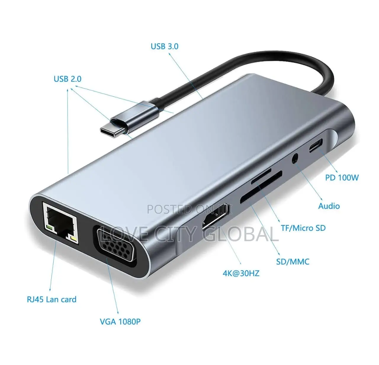 Type-C to HDTV 11-in-1 USB-C Hub Adapter Docking Station 4K HDTV, VGA.