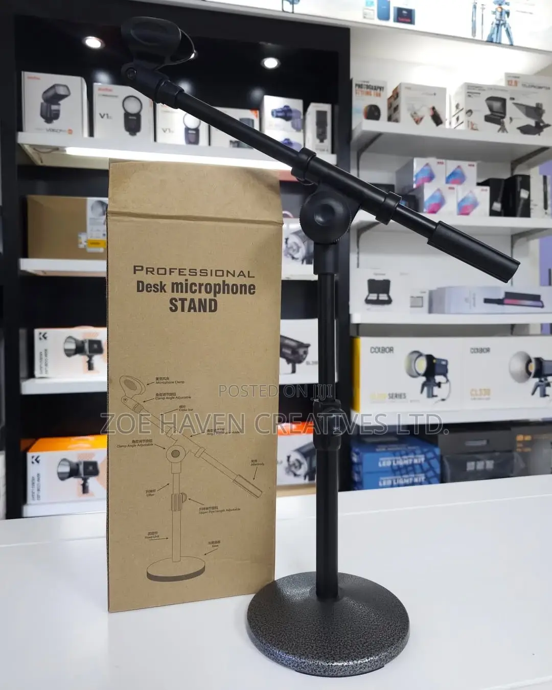 Metal Table Microphone Stand With Adjustable Boom Arm & Heavy Base