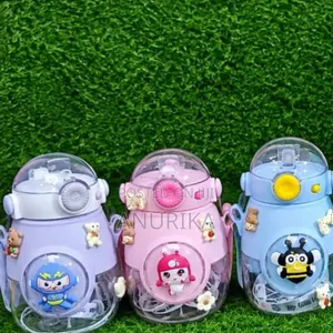 Cute Cartoon Kids Water Bottle With Straw – Pink, Blue & Purple