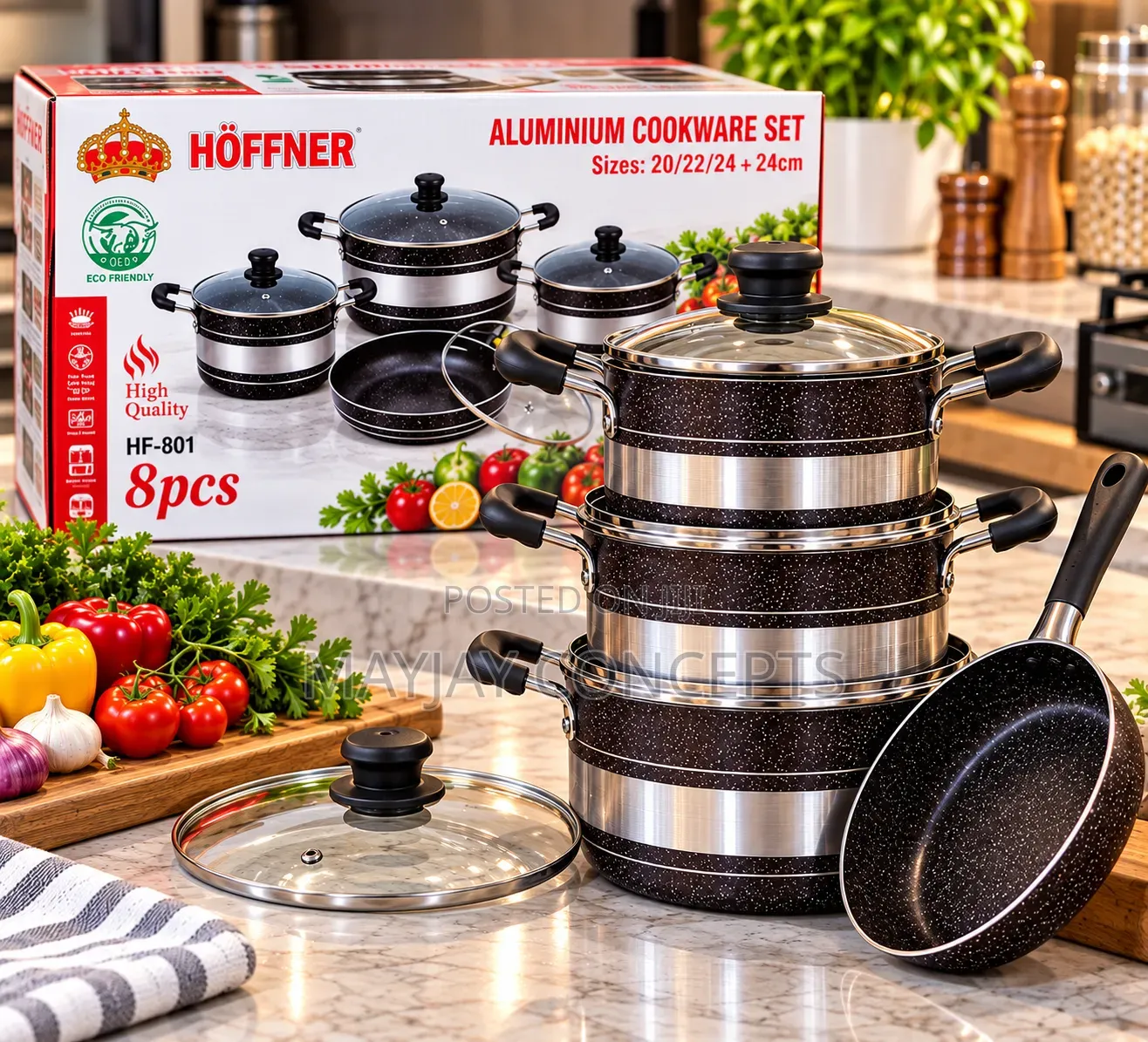 Hoffner 8pcs Non-Stick Pot Plus Fry-Pan-26cm/28cm/30cm+24cm