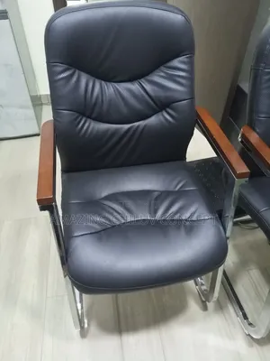 Premium Black Leather Office Visitors Chair With Wooden Armrests