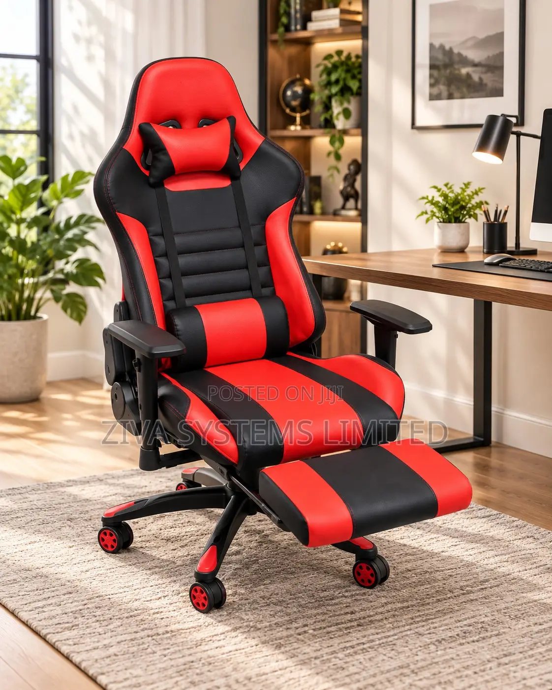 Ergonomic Gaming Chair With Footrest – Office Chair, Red & Black