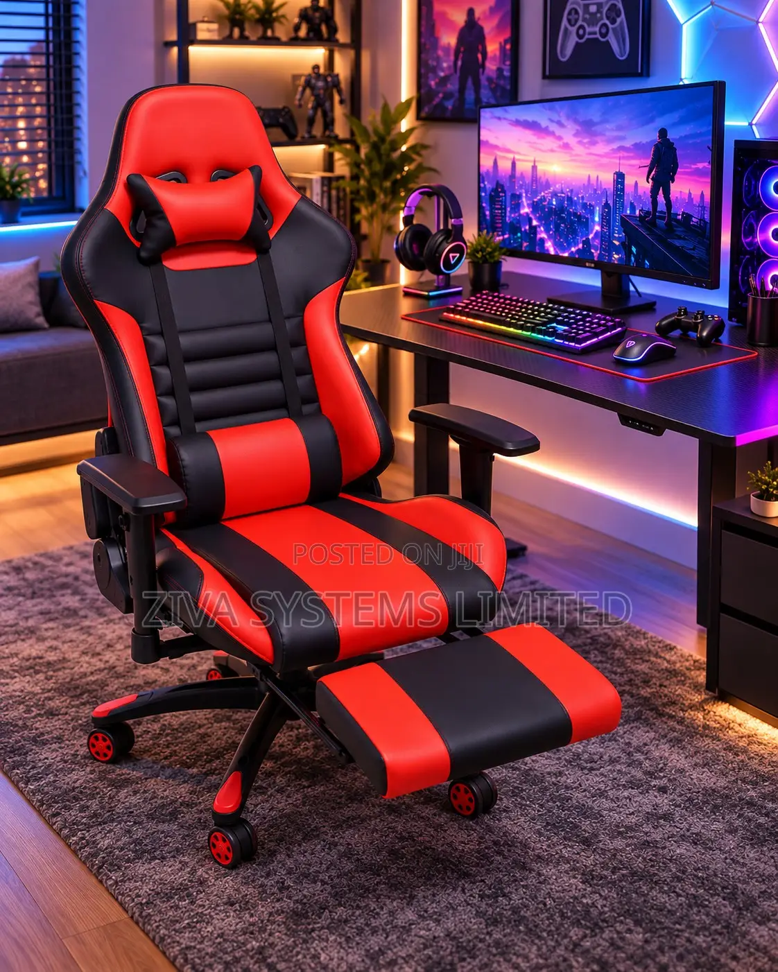 Ergonomic Gaming Chair With Footrest – Office Chair, Red & Black