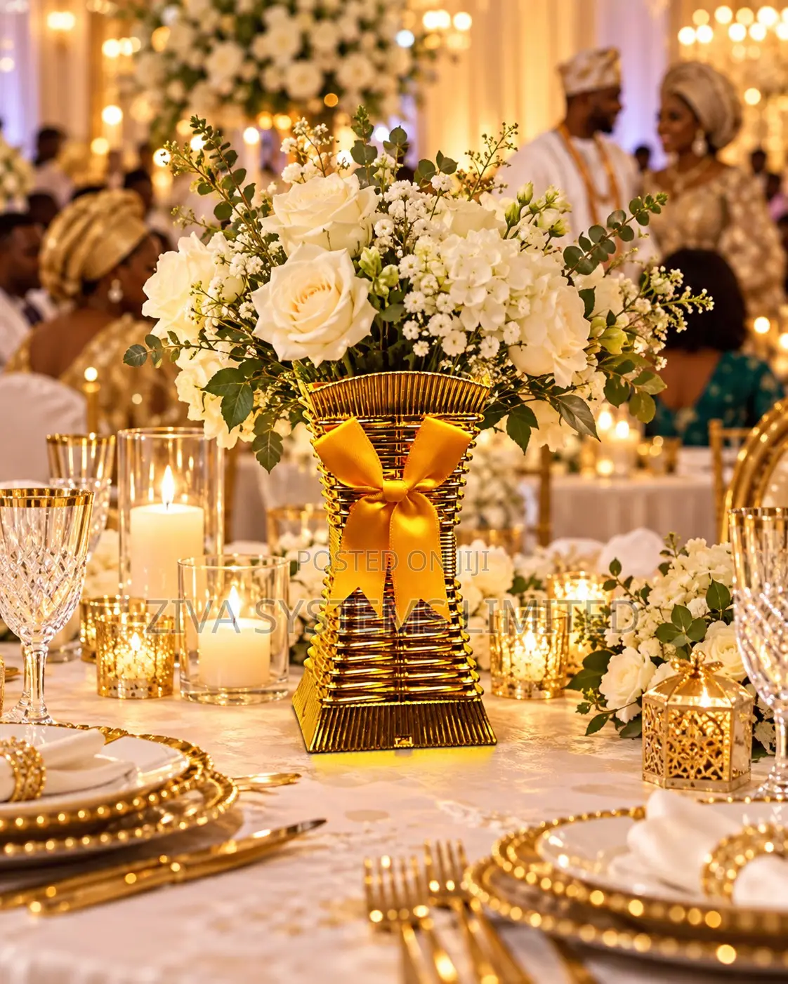 Luxury Gold Decorative Flower Vase With Ribbon Bow for Events