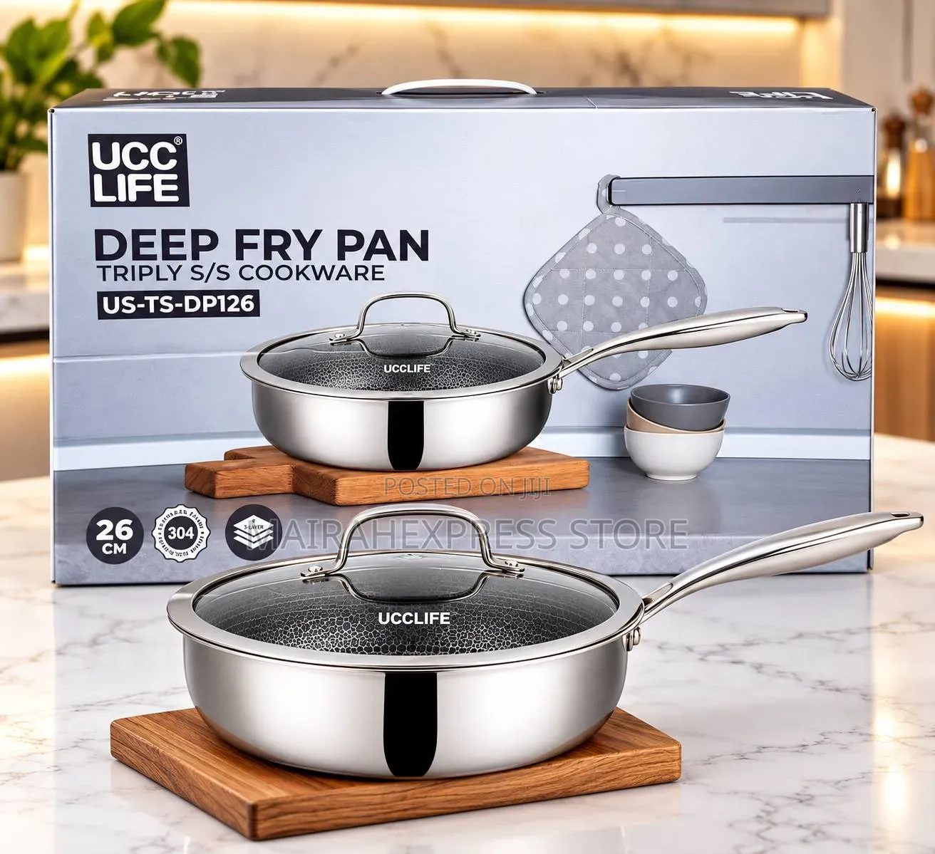 UCC LIFE Premium 26cm Triply Stainless Steel Fry Pan With Glass Lid