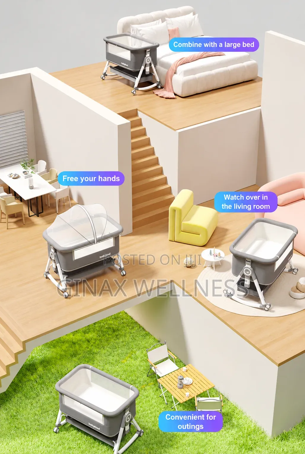 Multifunctional Baby Bedside Crib and Bassinet With Mosquito Net