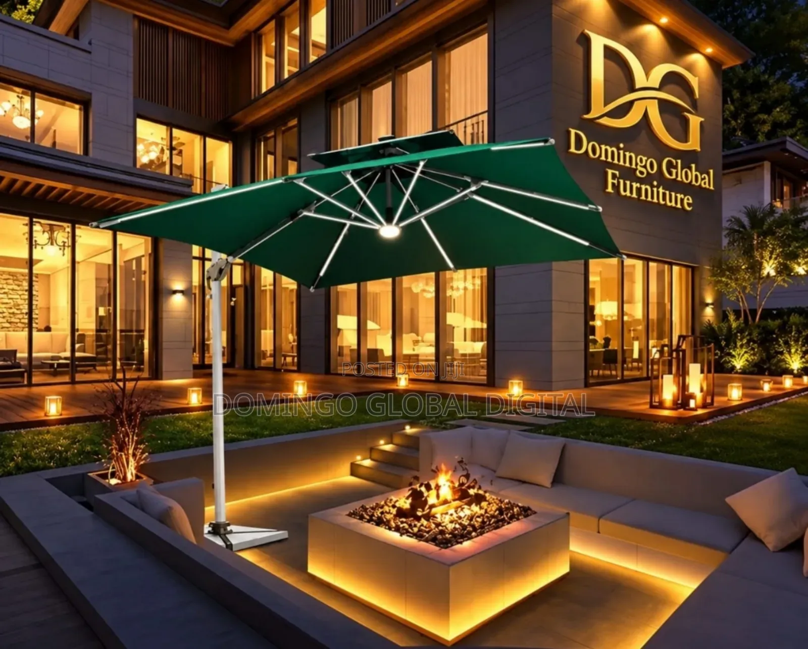 Green Cantilever Outdoor Solar Umbrella With LED Lighting.
