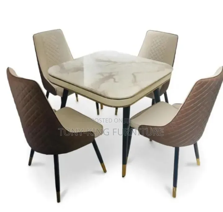 Modern 4-Seater Square Marble-Top Dining Set a High-Gloss Marble Top