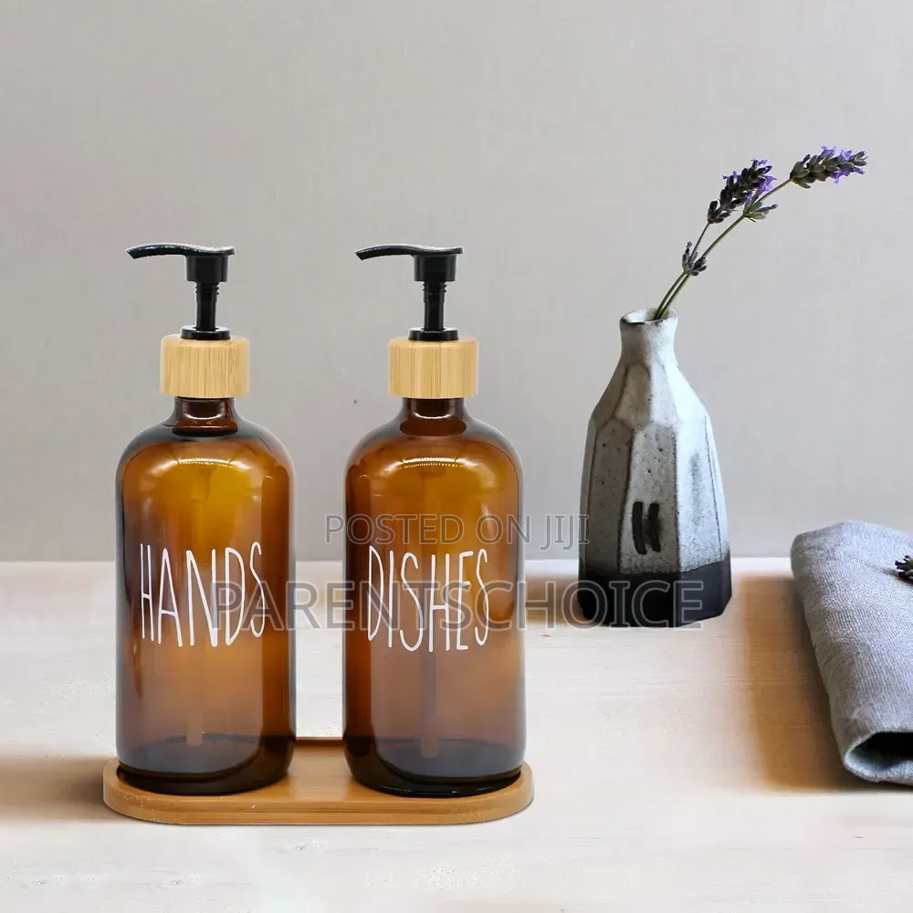 16 Oz Glass Liquid Soap Dispenser With Wooden Tray