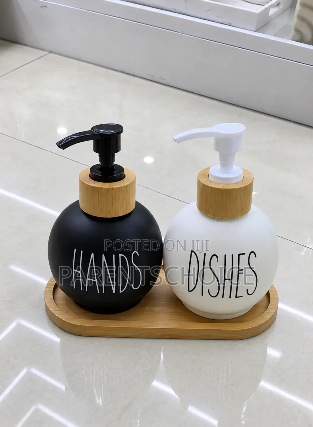 Luxury Lotion and Soap Dispenser Set With Bamboo Tray – Black & White