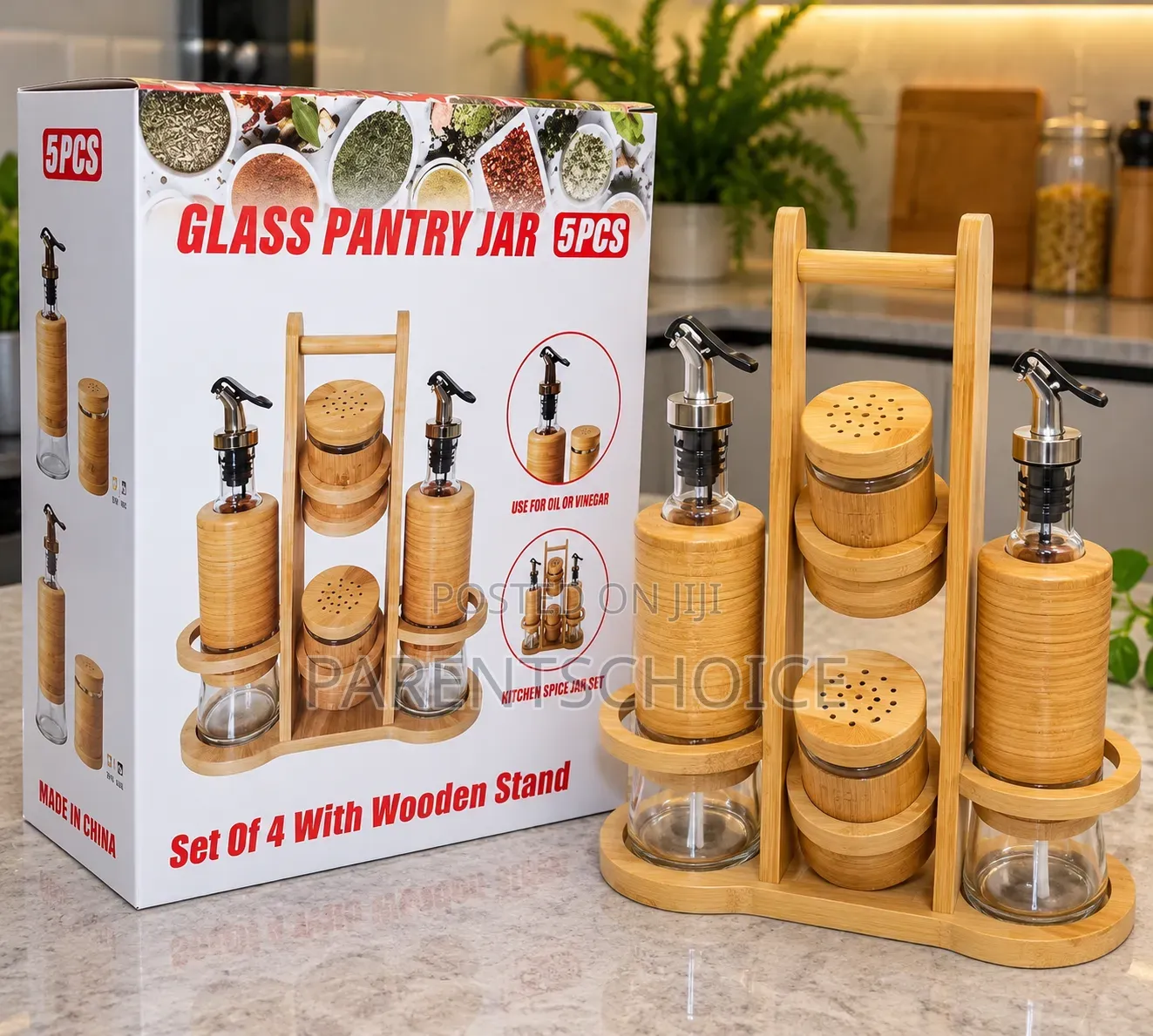 Oil and Salt Shaker Set With Wooden Stand