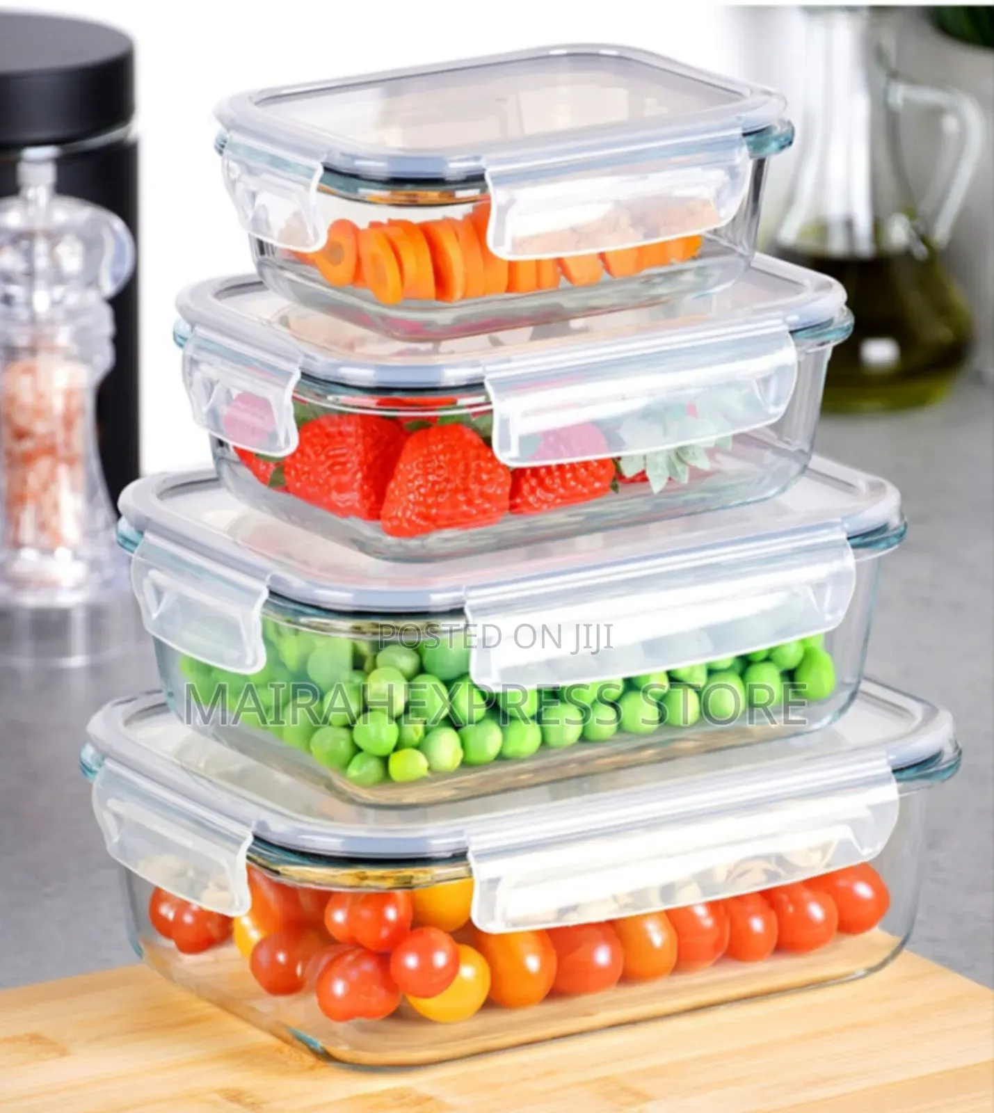4in1 Borosilicate Glass Food Container Set With Airtight Locking Lids