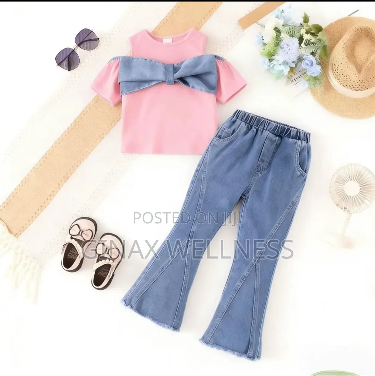 Cold-Shoulder Bow Top and Flare Jean Trouser Set for Girls