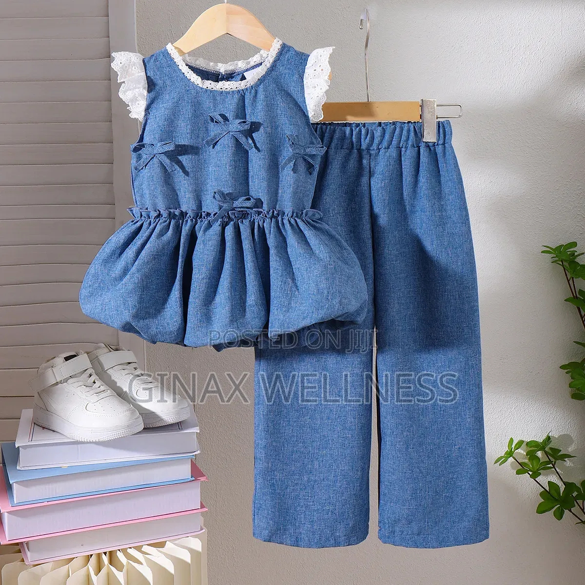 Sleeveless Bow Denim Top and Wide-Leg Denim Trousers