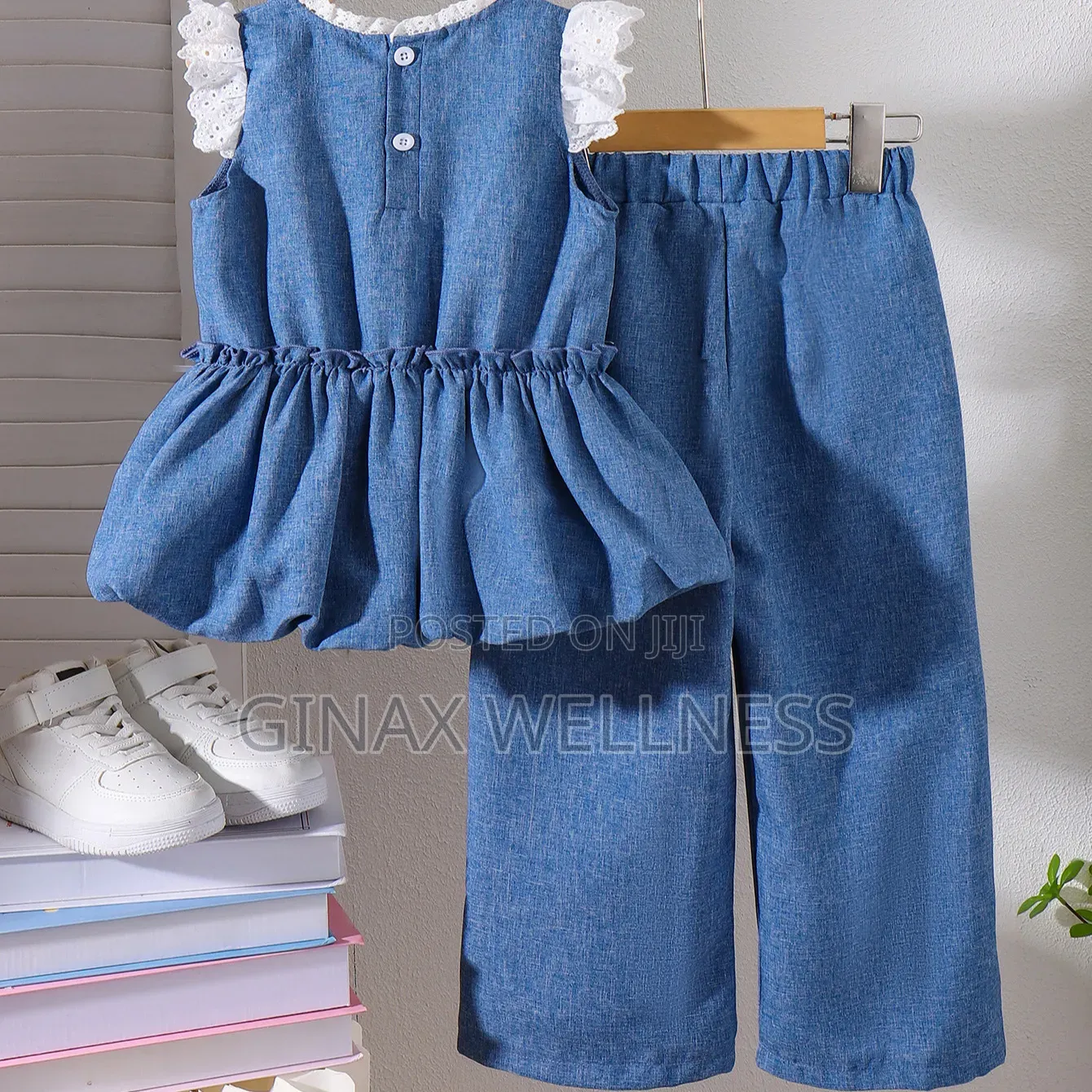 Sleeveless Bow Denim Top and Wide-Leg Denim Trousers