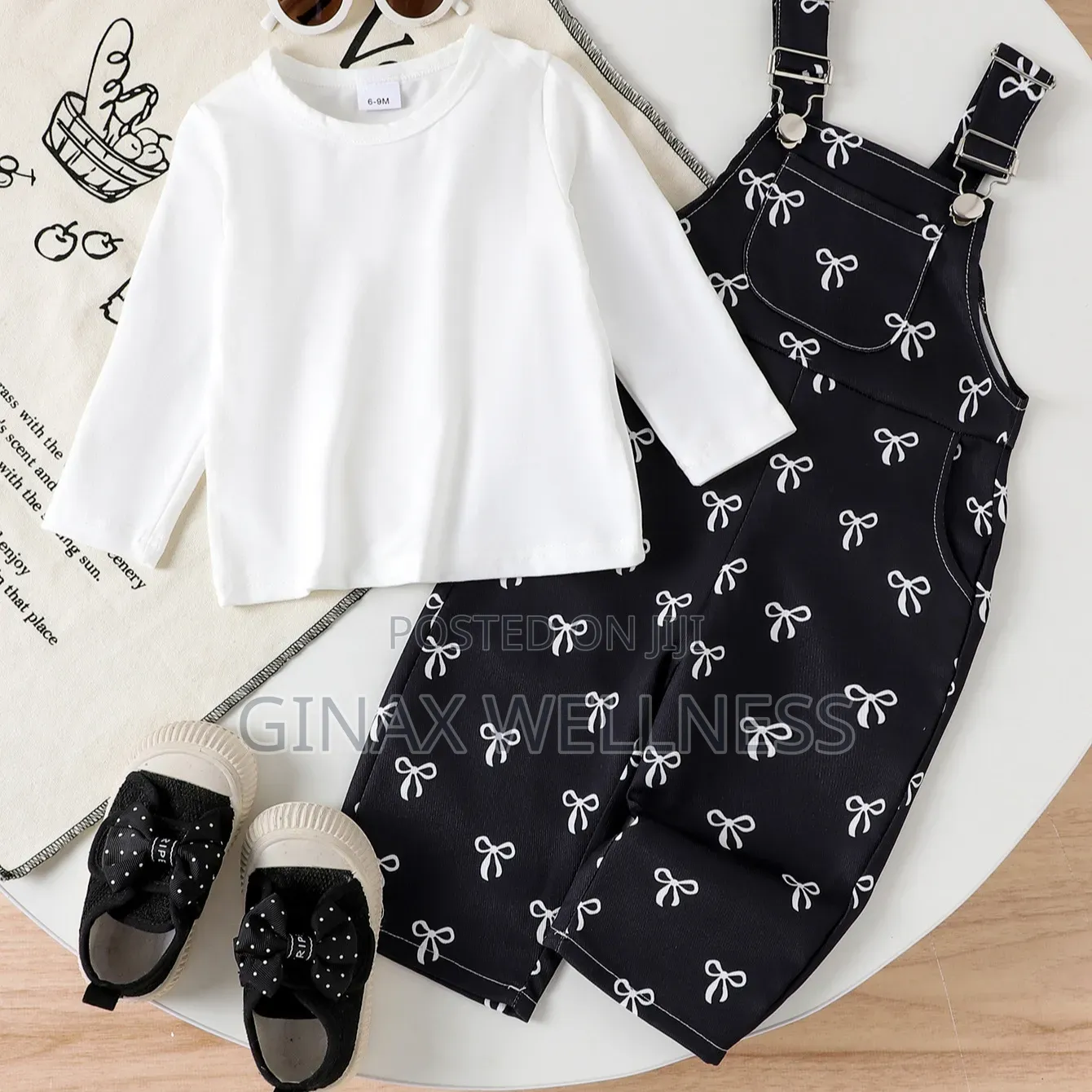 2-Piece Dungaree Outfit – Black Jumpsuit and White Long Sleeve Top