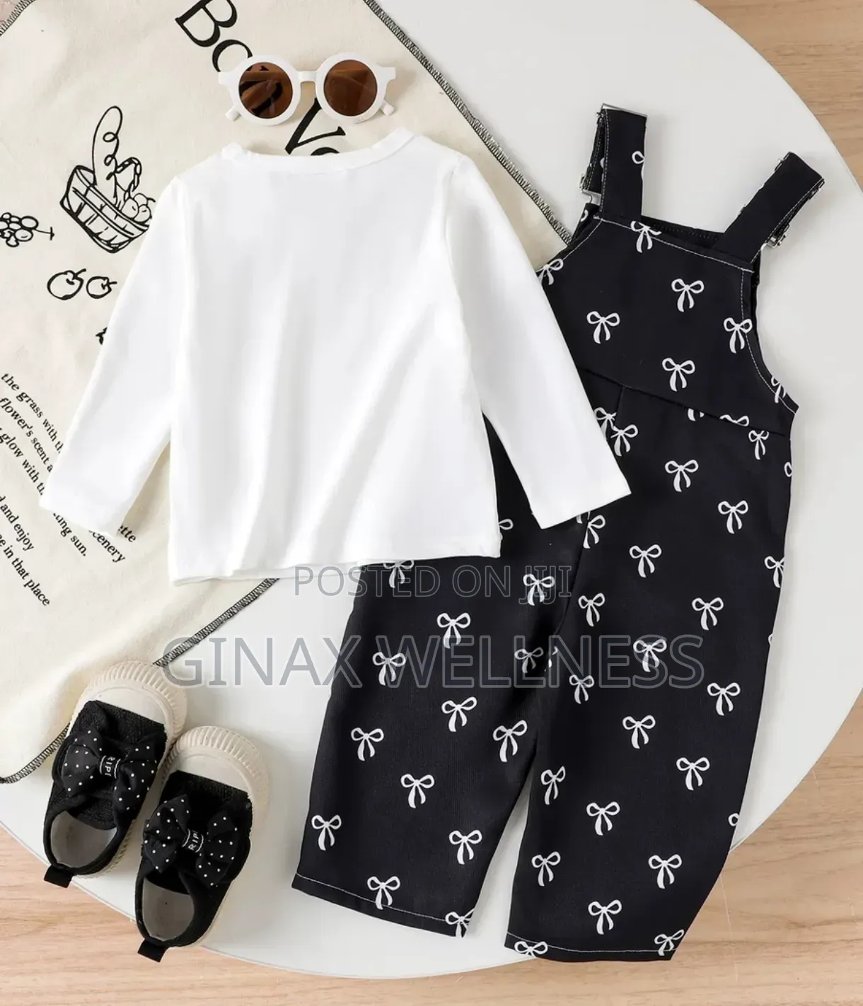 2-Piece Dungaree Outfit – Black Jumpsuit and White Long Sleeve Top