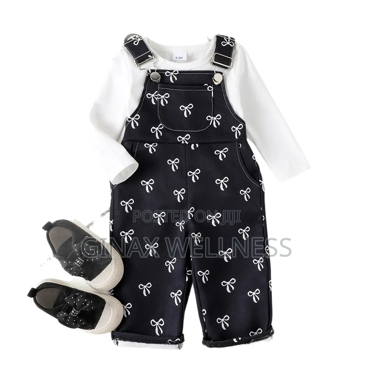 2-Piece Dungaree Outfit – Black Jumpsuit and White Long Sleeve Top