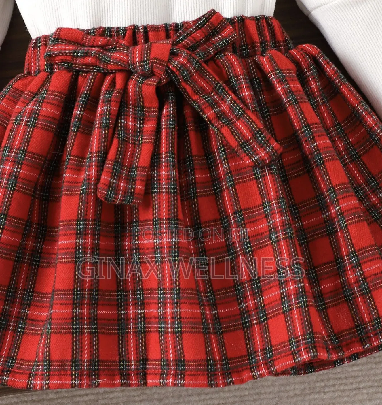 3-Piece Outfit With Red Plaid Skirt, White Puff Sleeve Top and Beret