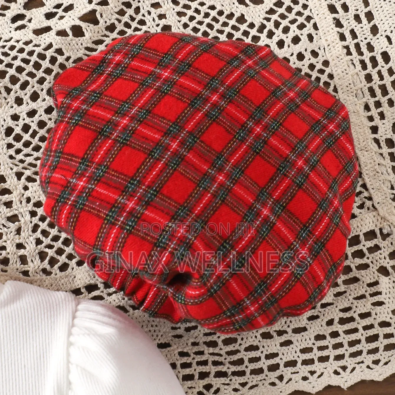 3-Piece Outfit With Red Plaid Skirt, White Puff Sleeve Top and Beret