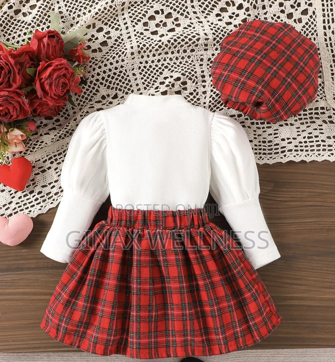 3-Piece Outfit With Red Plaid Skirt, White Puff Sleeve Top and Beret