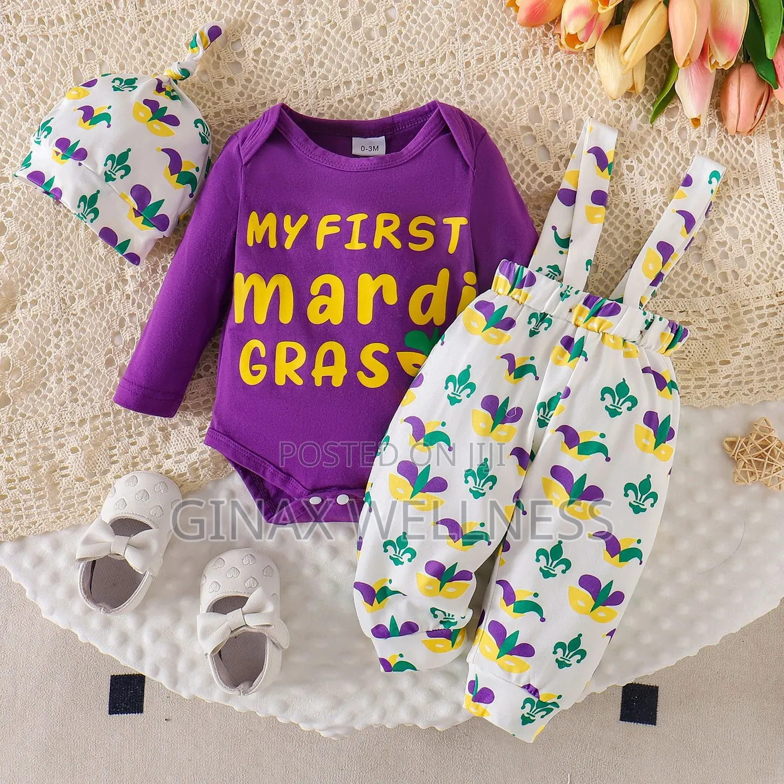 3-Piece Outfit With Long Sleeve Bodysuit, Suspender Pants and Hat