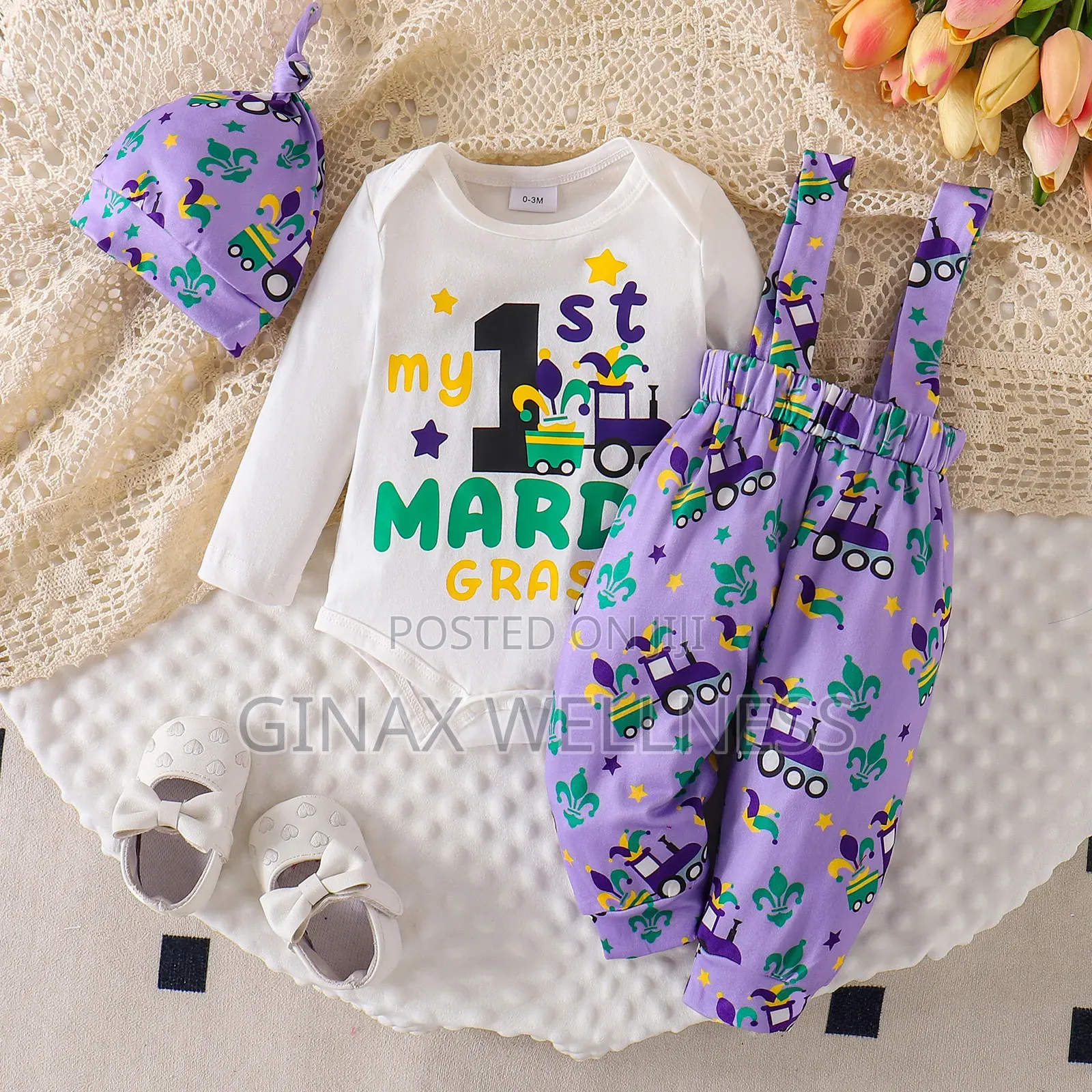 3-Piece Outfit With Long Sleeve Bodysuit, Suspender Pants and Hat