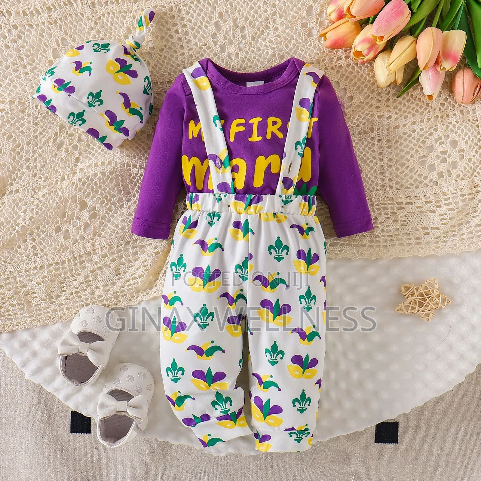 3-Piece Outfit With Long Sleeve Bodysuit, Suspender Pants and Hat