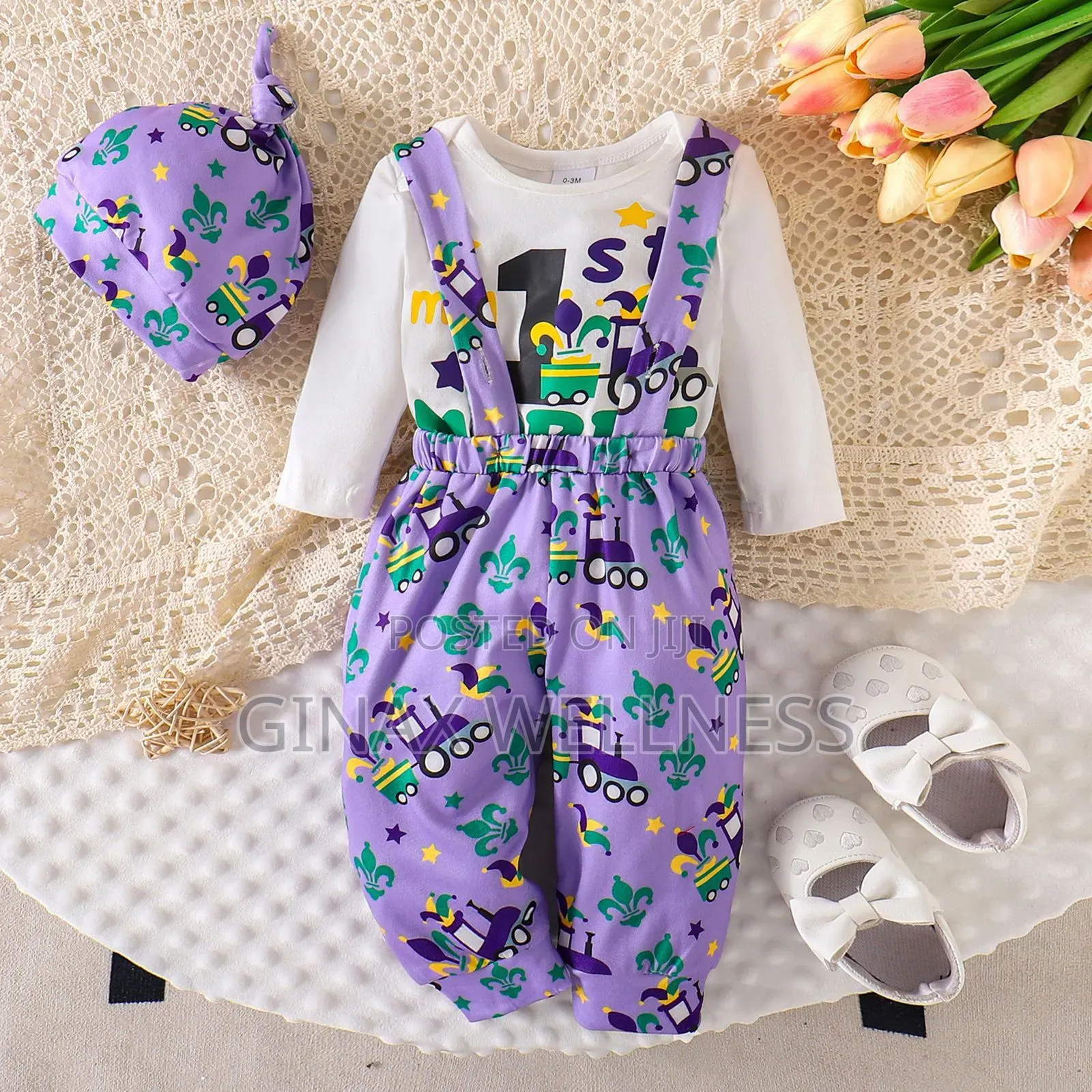 3-Piece Outfit With Long Sleeve Bodysuit, Suspender Pants and Hat