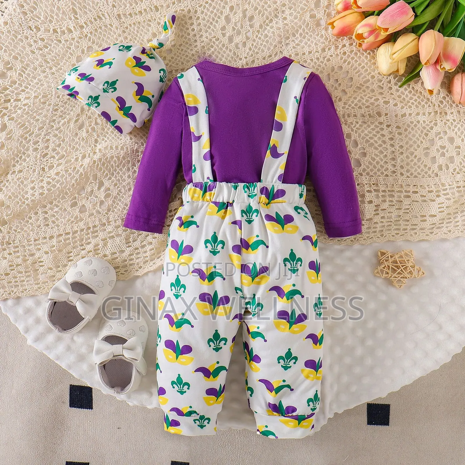 3-Piece Outfit With Long Sleeve Bodysuit, Suspender Pants and Hat
