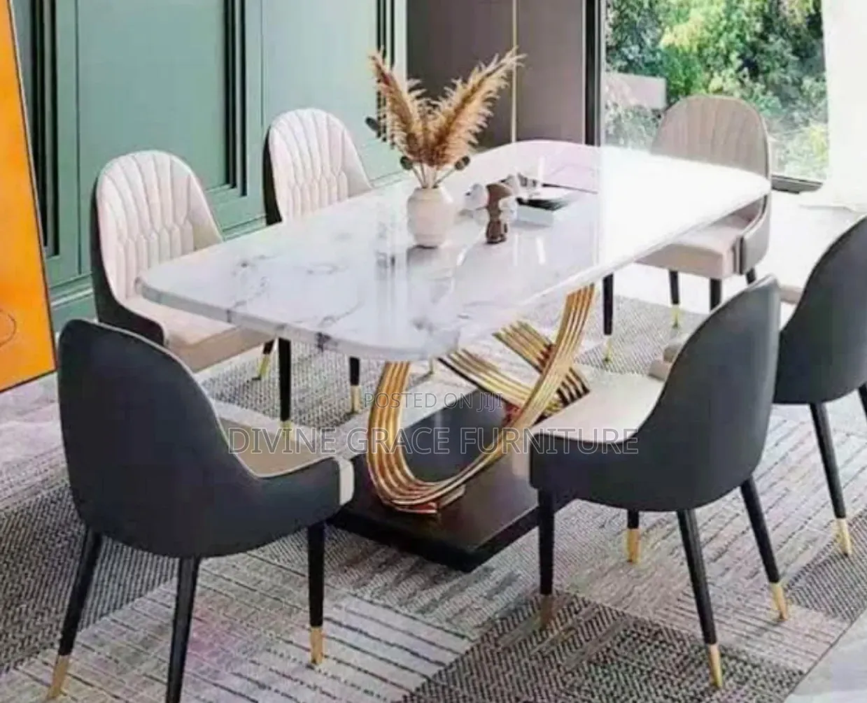 Luxury Oval Marble Dining Table Set With Gold Base – 6 Seater