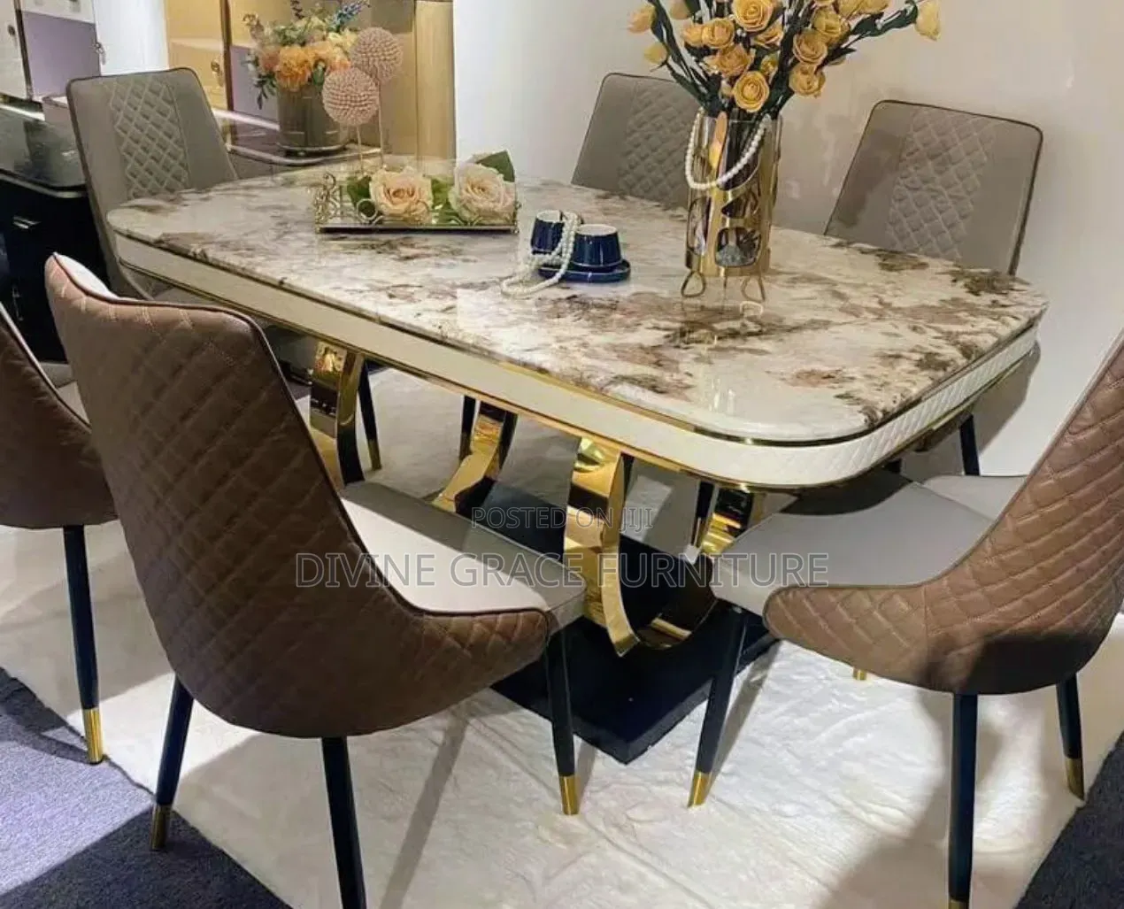 Marble Dining Table With Designer Gold Pedestal – Complete Set