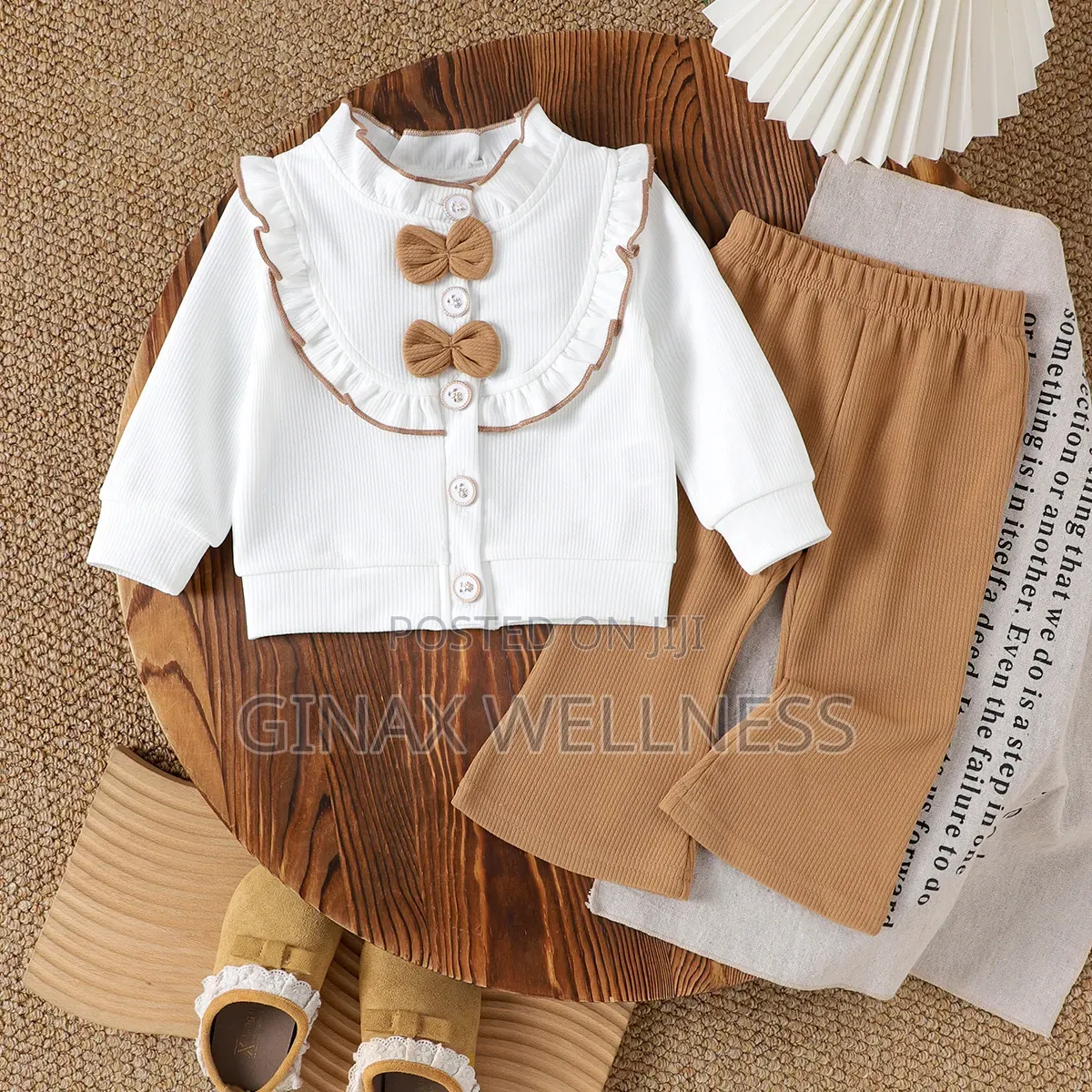 2-Piece Outfit Set With White Ruffle Bow Top and Brown Flared Trousers