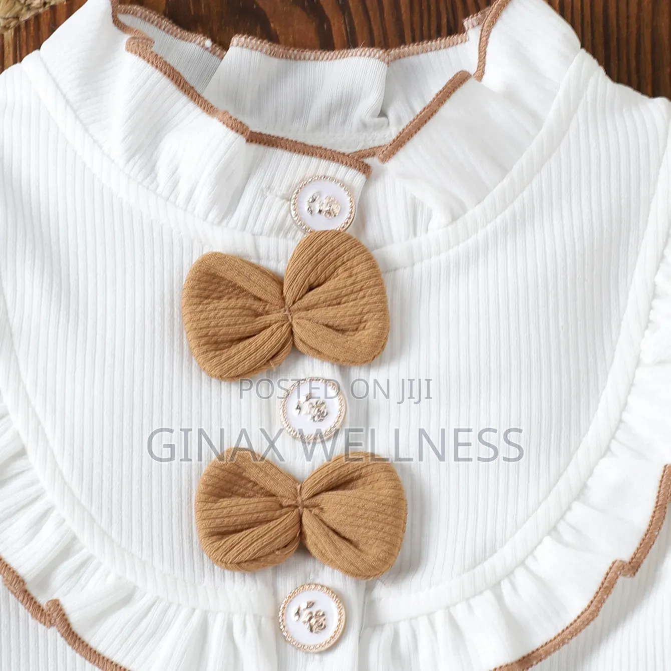 2-Piece Outfit Set With White Ruffle Bow Top and Brown Flared Trousers