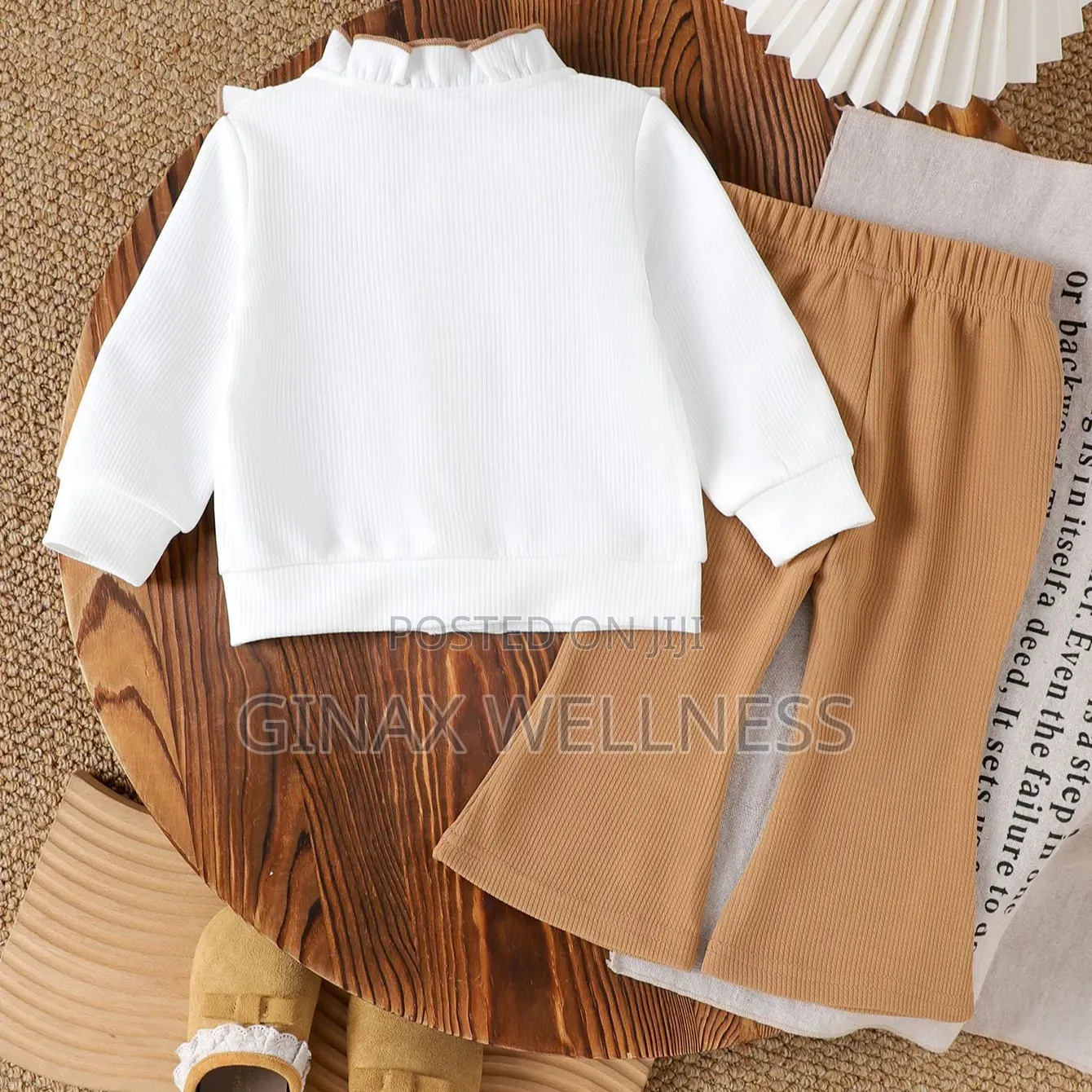 2-Piece Outfit Set With White Ruffle Bow Top and Brown Flared Trousers