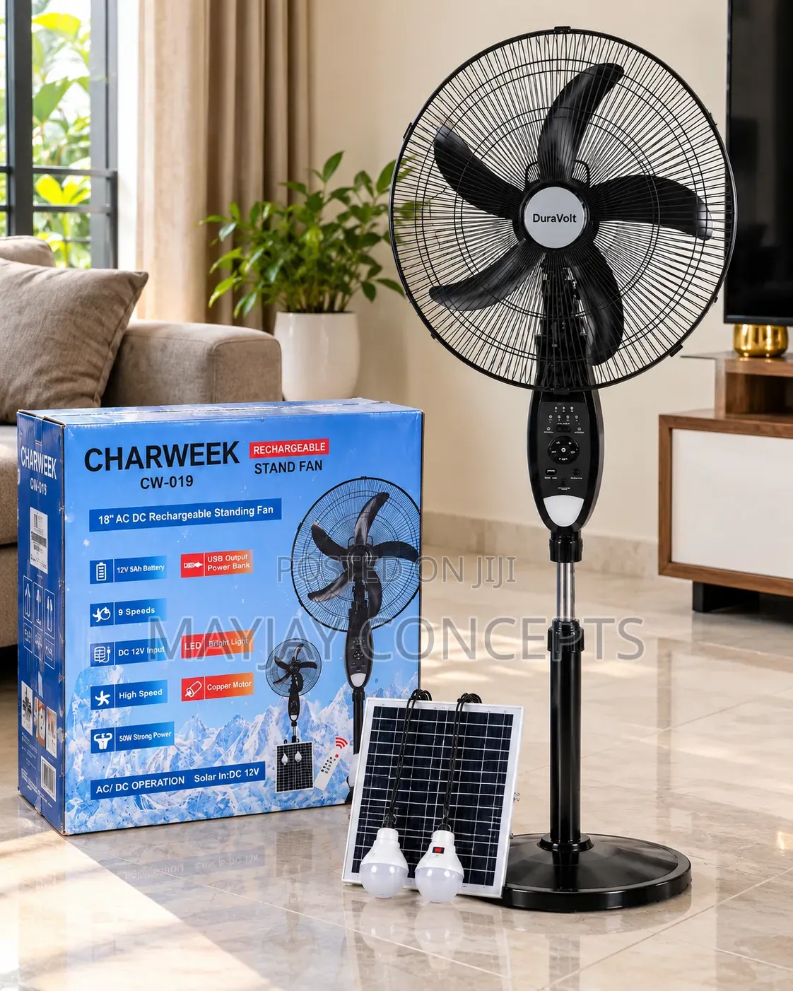 CHARWEEK CW-019 18-Inch Solar Rechargeable Standing Fan With LED Light