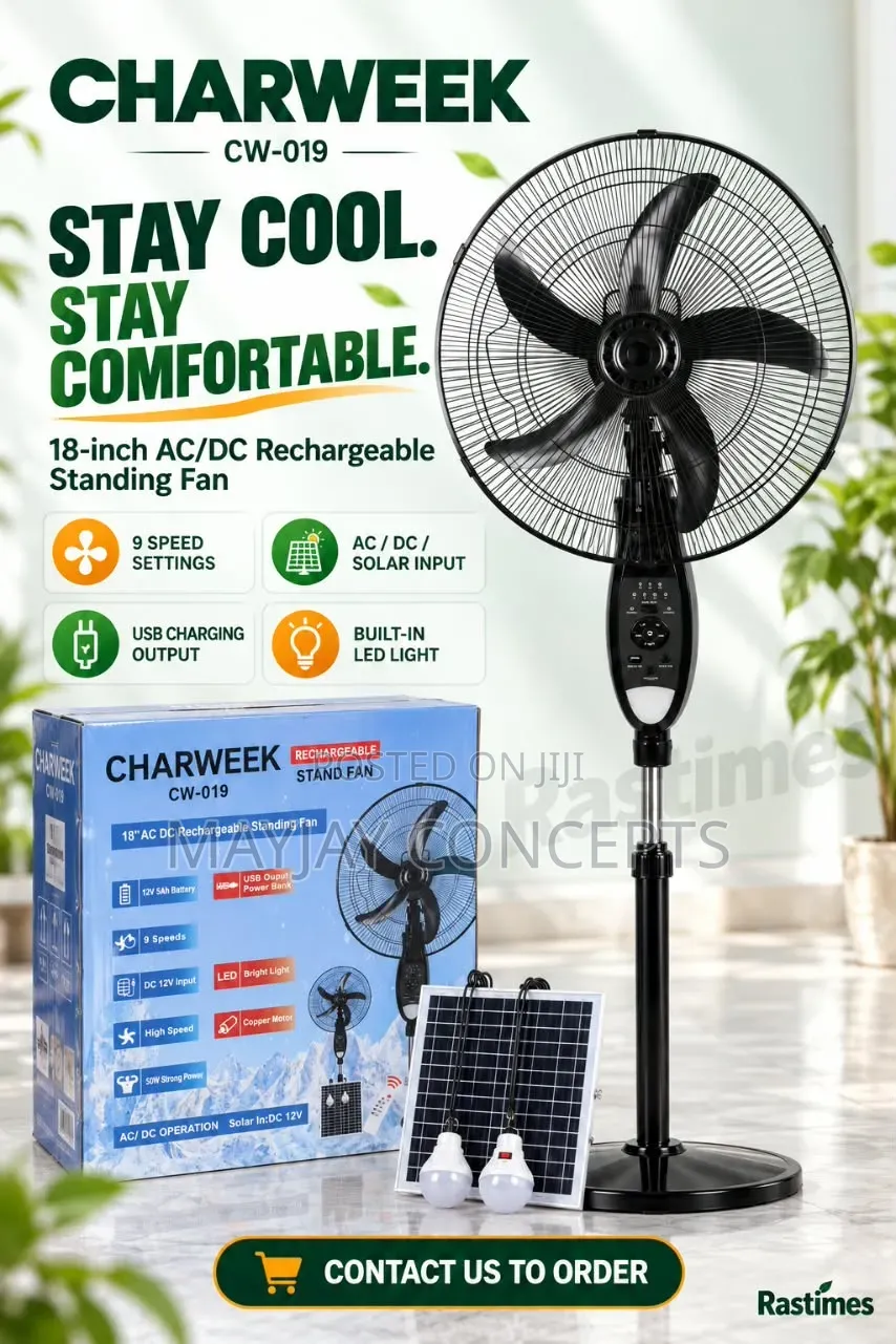 CHARWEEK CW-019 18-Inch Solar Rechargeable Standing Fan With LED Light