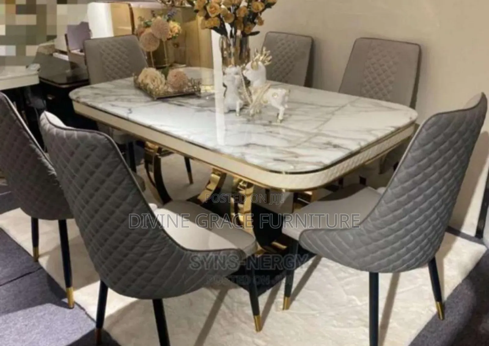 Luxury Designer Dining Table Set – Marble Top & Gold Base