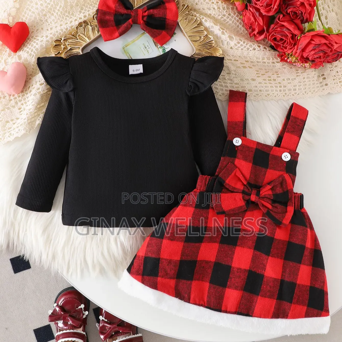 Red & Black Checkered Pinafore Dress With Long Sleeve Top and Headband