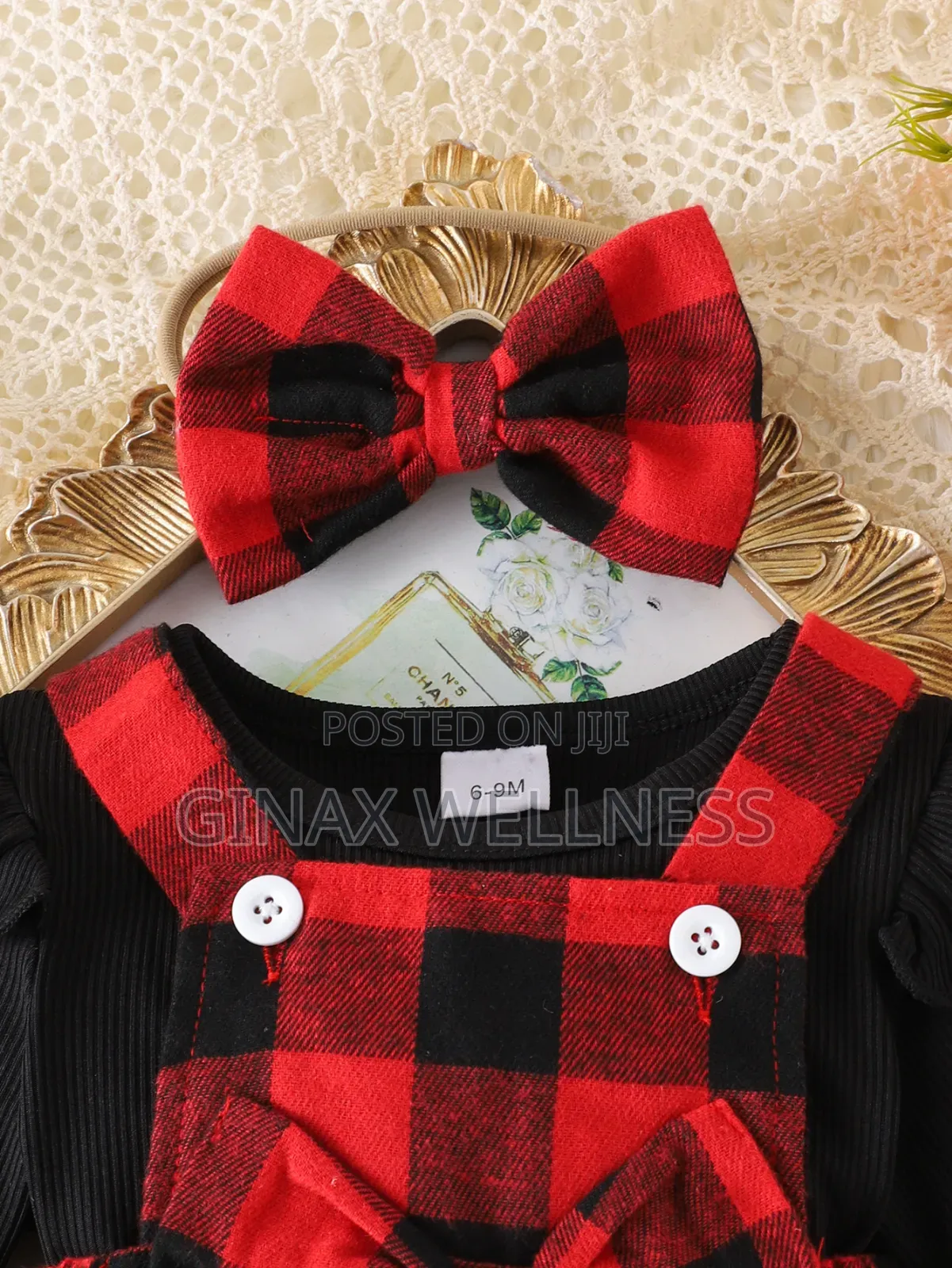 Red & Black Checkered Pinafore Dress With Long Sleeve Top and Headband