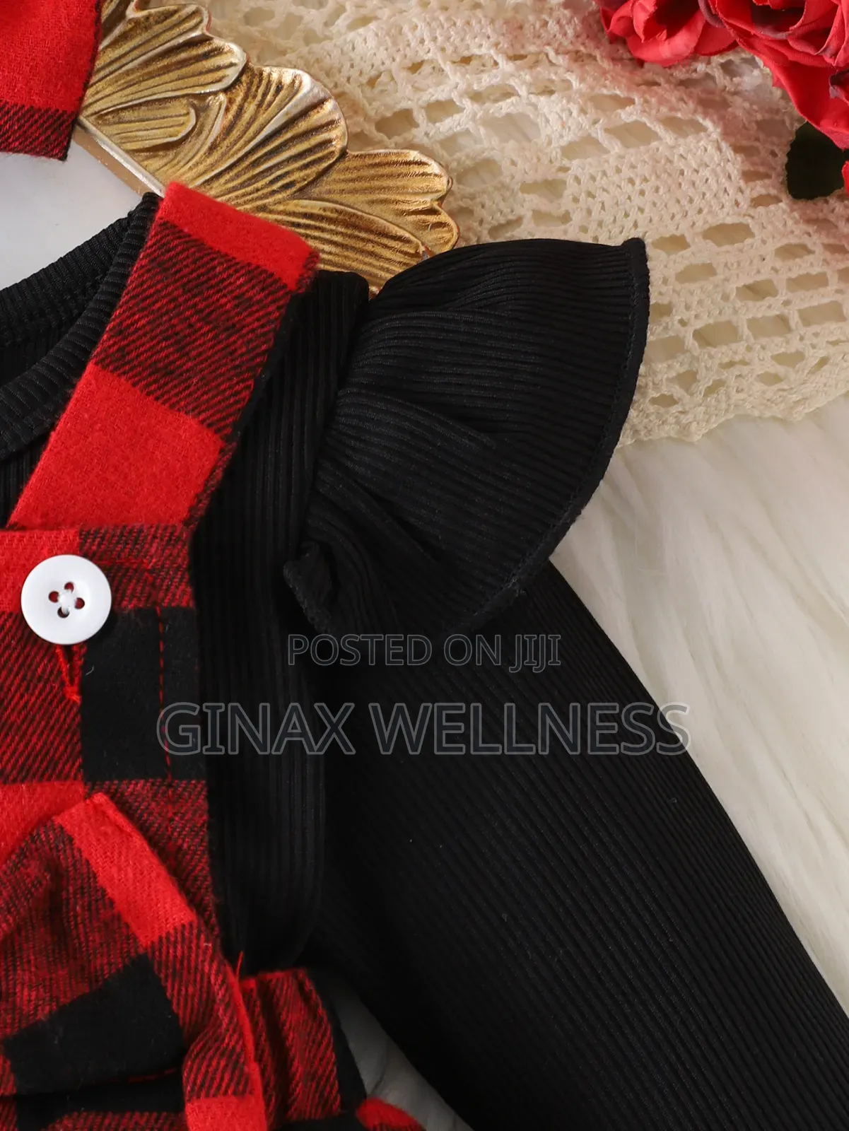 Red & Black Checkered Pinafore Dress With Long Sleeve Top and Headband
