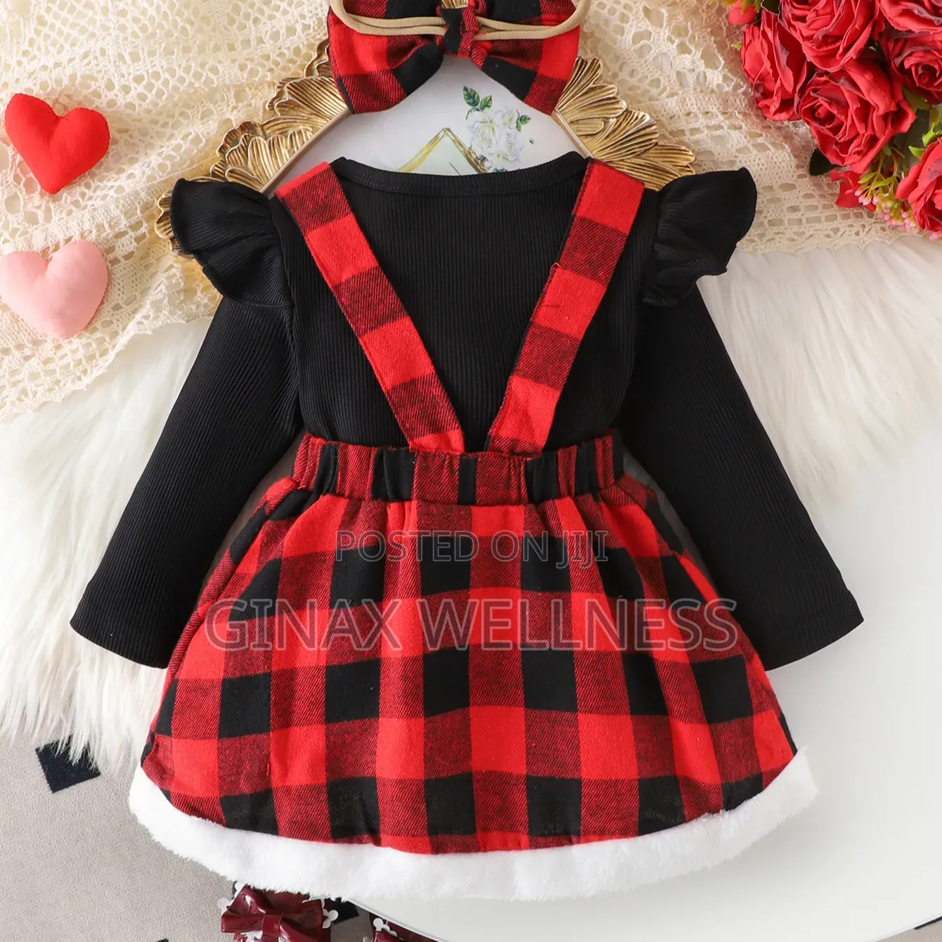 Red & Black Checkered Pinafore Dress With Long Sleeve Top and Headband