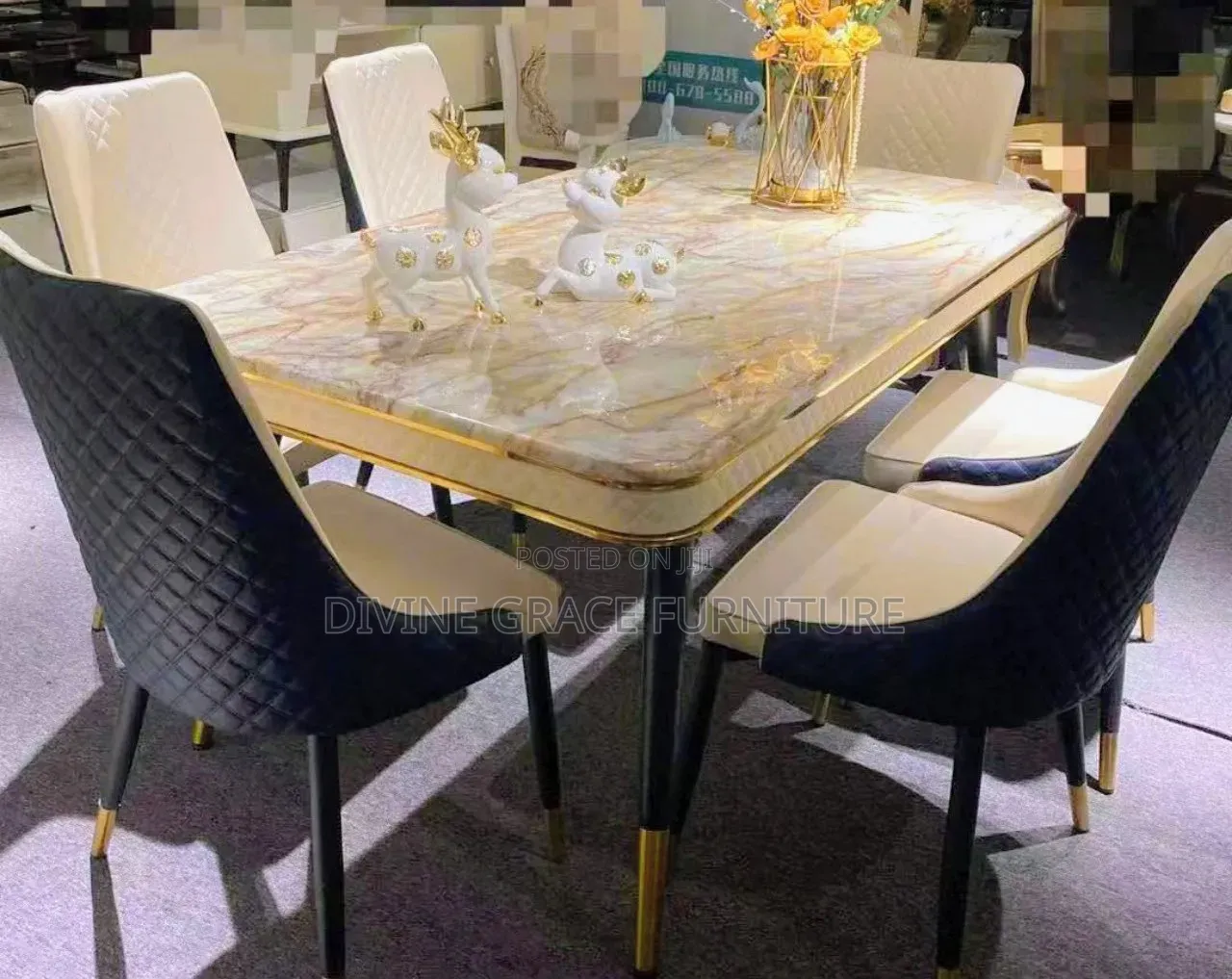 Modern Pin Leg Marble Dining Table With 6 Chairs