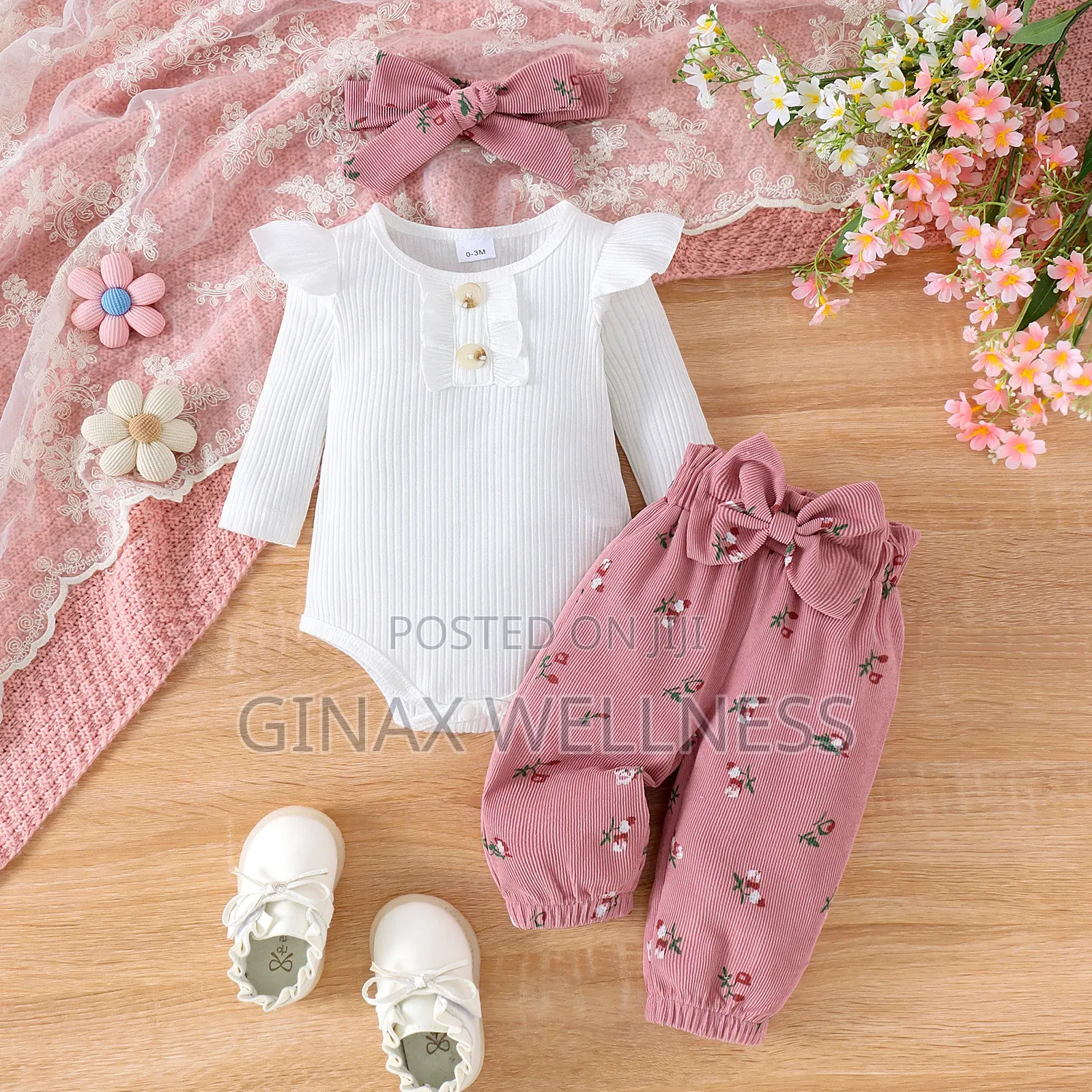 Baby Girls 3-Piece Floral Romper, Bow Pants and Headband Outfit Set