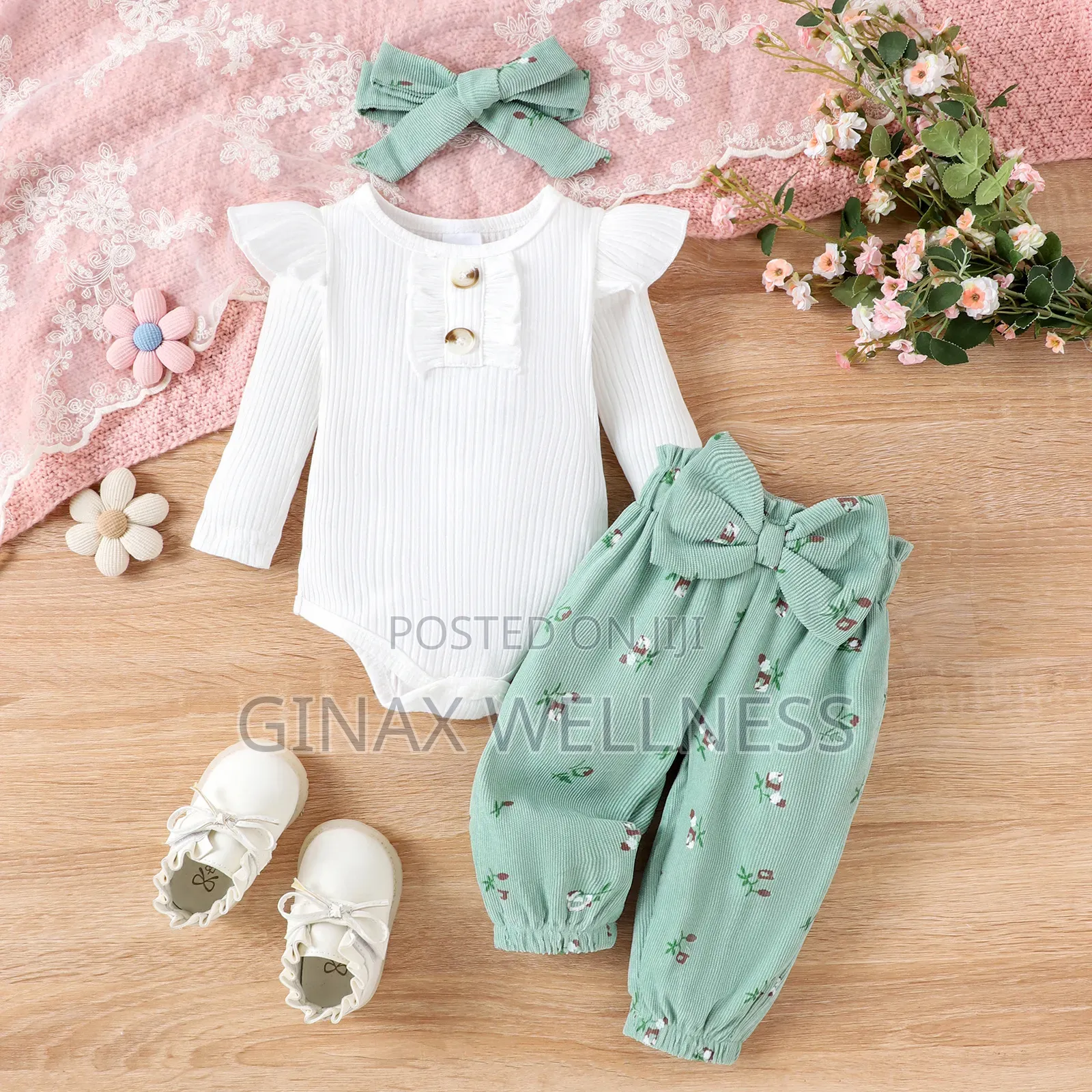 Baby Girls 3-Piece Floral Romper, Bow Pants and Headband Outfit Set