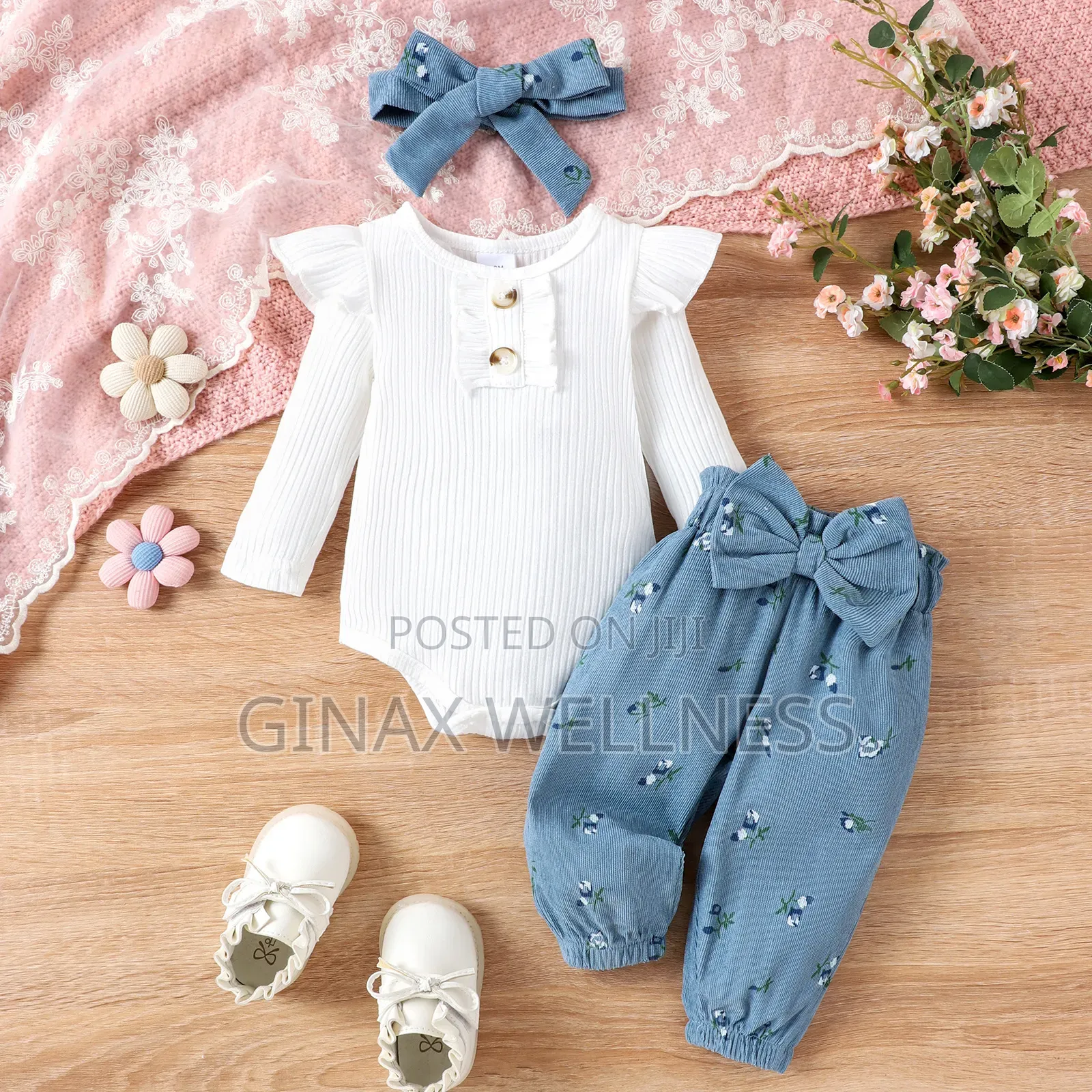 Baby Girls 3-Piece Floral Romper, Bow Pants and Headband Outfit Set