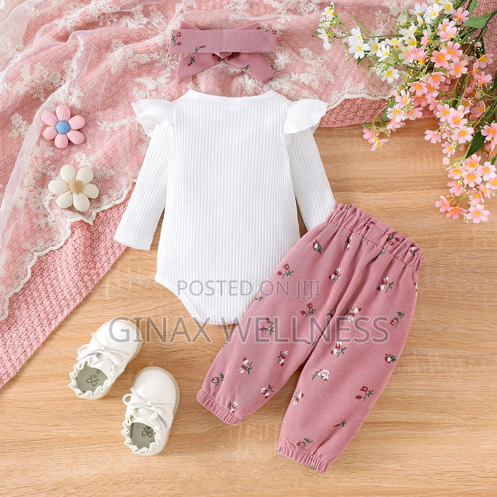 Baby Girls 3-Piece Floral Romper, Bow Pants and Headband Outfit Set