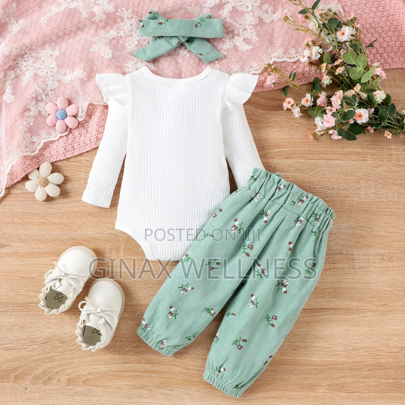 Baby Girls 3-Piece Floral Romper, Bow Pants and Headband Outfit Set